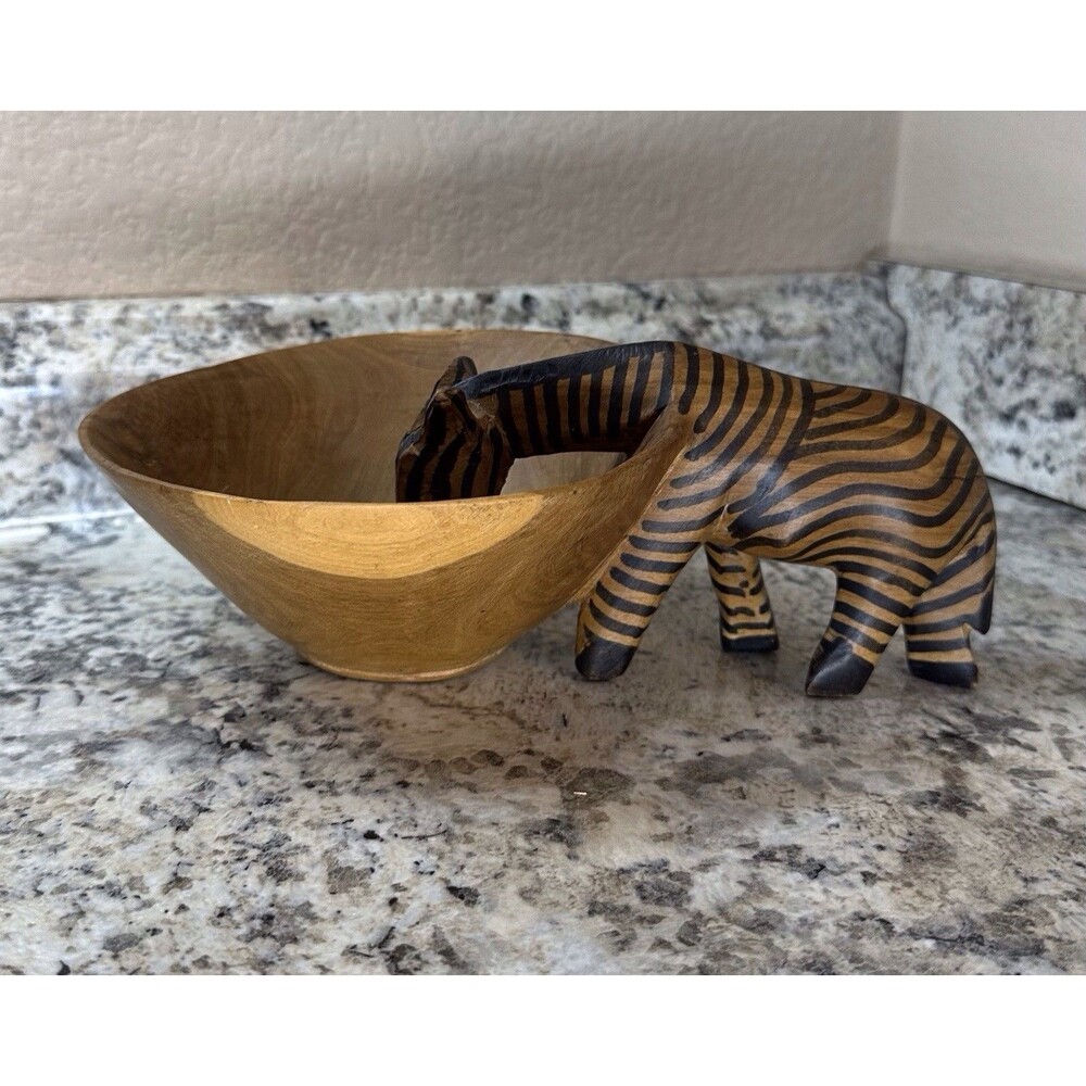 Hand Carved Wooden Zebra Drinking From Watering Pond Bowl Trinket Dish Folk Art